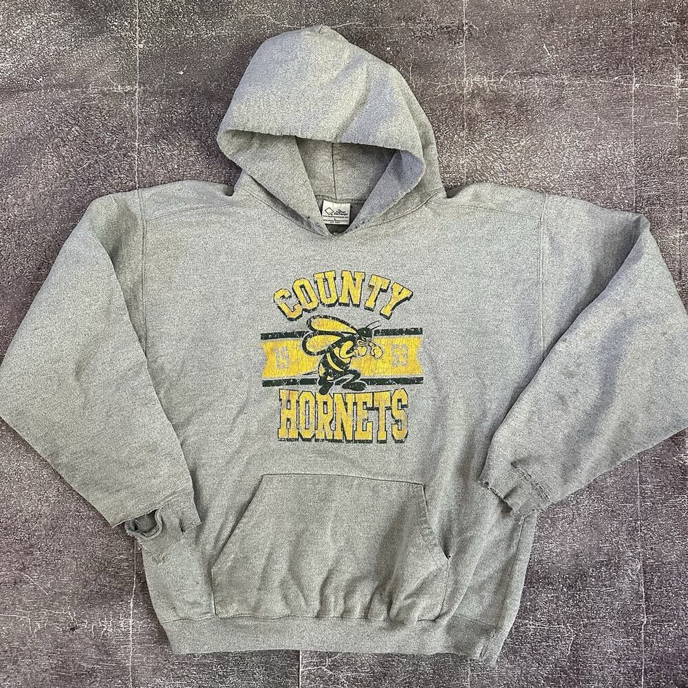 Men's Vintage Y2K County Hornets Heather Gray Distressed Hoodie Sweatshirt Sz L